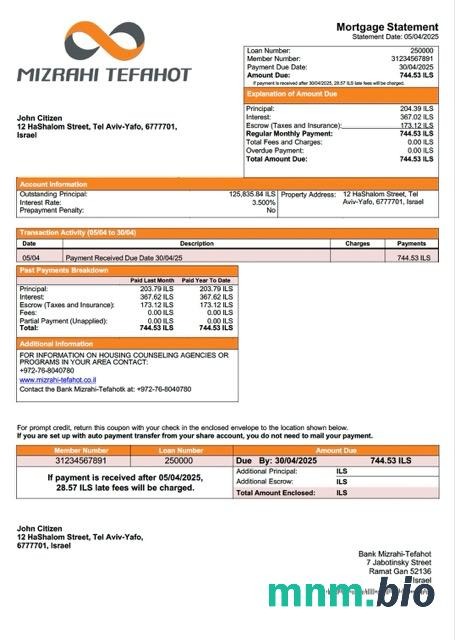 Izrael Bank Mizrahi-Tefahot wyciąg z kredytu hipotecznego szablon Word i PDF